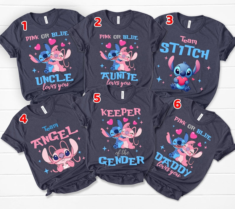 Custom Stitch Gender Reveal Shirt– Disney Baby Shower Tee– Pink or Blue Family Loves You– Cute Pregnancy Announcement Shirt–Team Boy or Girl