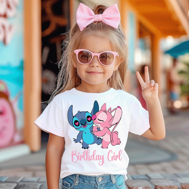 Lilo and Stitch Party Tee, Tropical Birthday Shirt, Cute Alien Birthday Outfit, Stitch and Angel Shirt, Disney Theme Birthday Tee