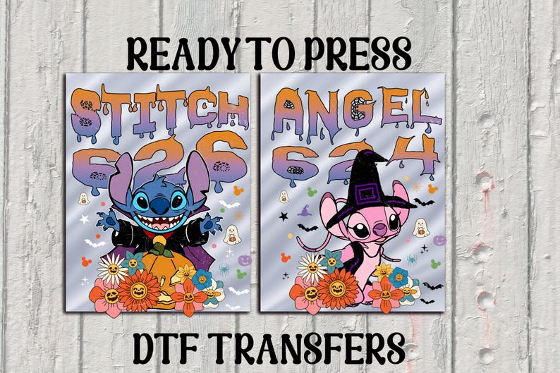 CUSTOM Halloween Stitch and Angel Iron on Transfer, Spooky Season Halloween Heat To Press, Disney Stitch Dtf, Spooky Stitch and Angel Dtf