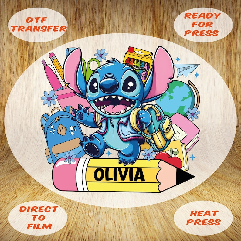 Personalized Stitch DTF Transfer: Custom School Heat Press, Birthday Iron On