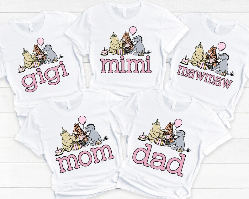 Classic Winnie the Pooh Birthday Shirts - matching family of the bday girl, vintage winnie pooh, mom dad grandma brother, pooh hunny piglet,