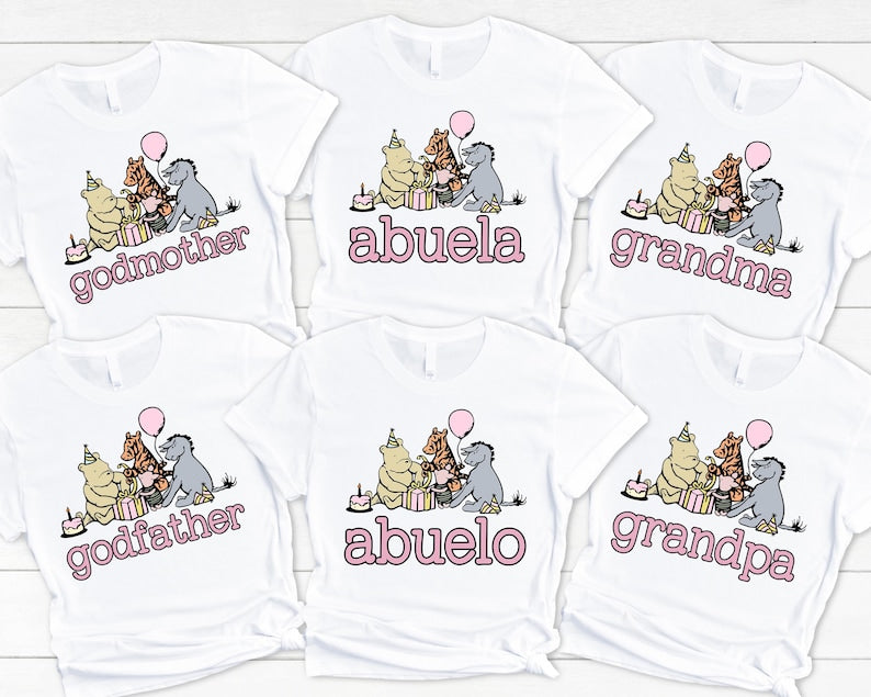 Classic Winnie the Pooh Birthday Shirts - matching family of the bday girl, vintage winnie pooh, mom dad grandma brother, pooh hunny piglet,