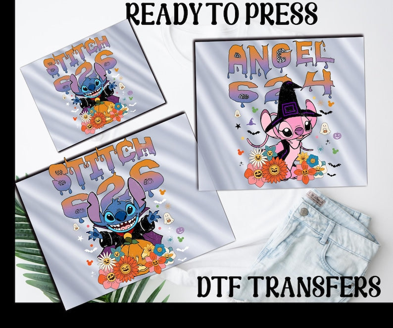 CUSTOM Halloween Stitch and Angel Iron on Transfer, Spooky Season Halloween Heat To Press, Disney Stitch Dtf, Spooky Stitch and Angel Dtf