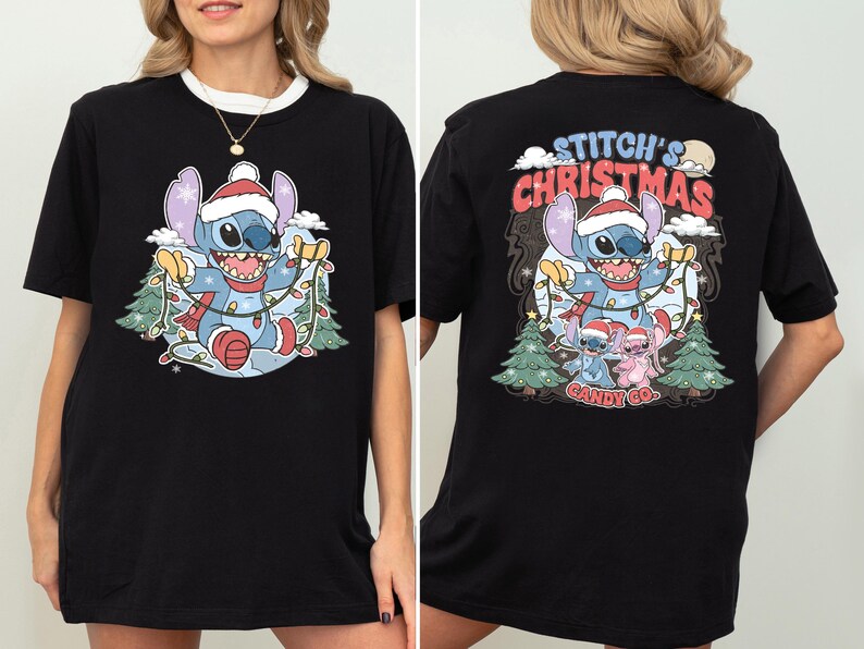 Merry Christmas Shirt, Stitch And Angel Merry Christmas T-shirt,  Xmas Sweatshirt, Santa Hat Xmas Tee, Disneyland Family Trip Xmas Hoodie