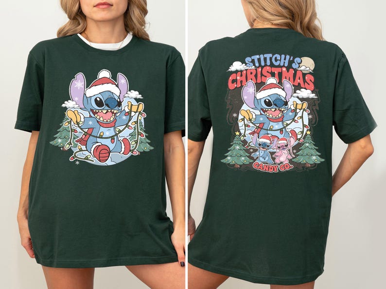 Merry Christmas Shirt, Stitch And Angel Merry Christmas T-shirt,  Xmas Sweatshirt, Santa Hat Xmas Tee, Disneyland Family Trip Xmas Hoodie