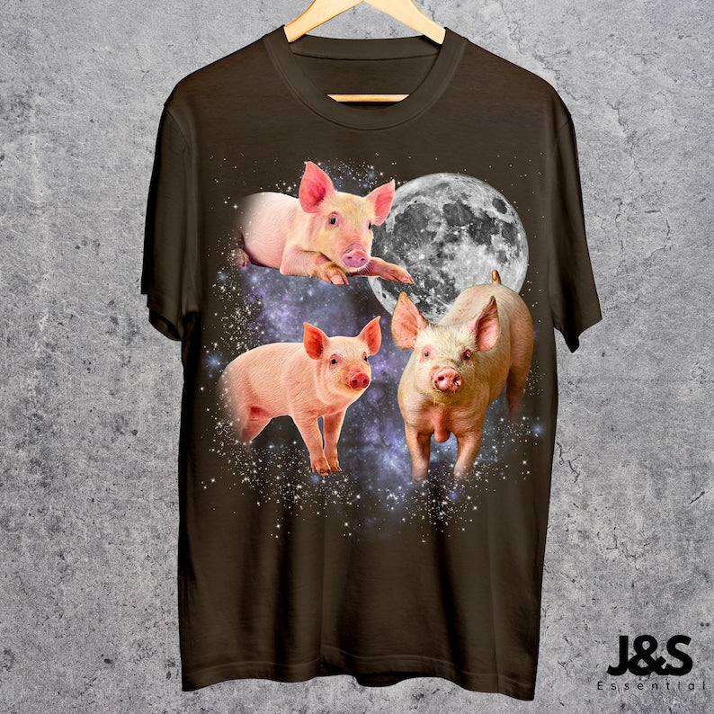 Three Pigs Retro Graphic T-shirts, Vintage Pigs Moon Tshirt, Pigs Shirt, Funny Pigs Tee, Oversized Meme Pigs Tee, Piglet Shirt, Pig Tee