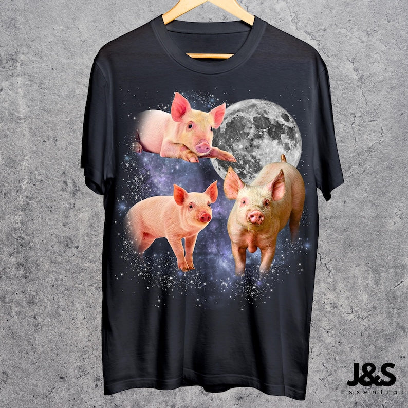Three Pigs Retro Graphic T-shirts, Vintage Pigs Moon Tshirt, Pigs Shirt, Funny Pigs Tee, Oversized Meme Pigs Tee, Piglet Shirt, Pig Tee