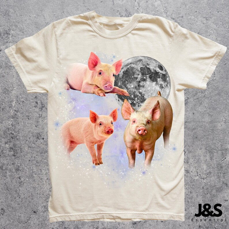 Three Pigs Retro Graphic T-shirts, Vintage Pigs Moon Tshirt, Pigs Shirt, Funny Pigs Tee, Oversized Meme Pigs Tee, Piglet Shirt, Pig Tee