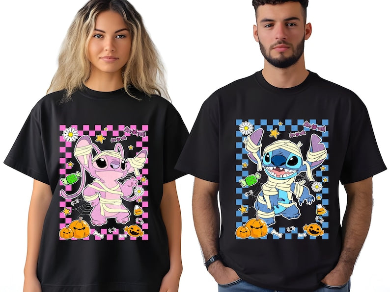 Stitch and Angel Halloween Dtf Transfer,Disney Stitch Halloween Ready to Press,Halloween Party Dtf,Horror Halloween Stitch Pumpkin Fall Dtf