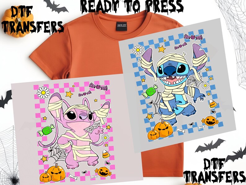 Stitch and Angel Halloween Dtf Transfer,Disney Stitch Halloween Ready to Press,Halloween Party Dtf,Horror Halloween Stitch Pumpkin Fall Dtf