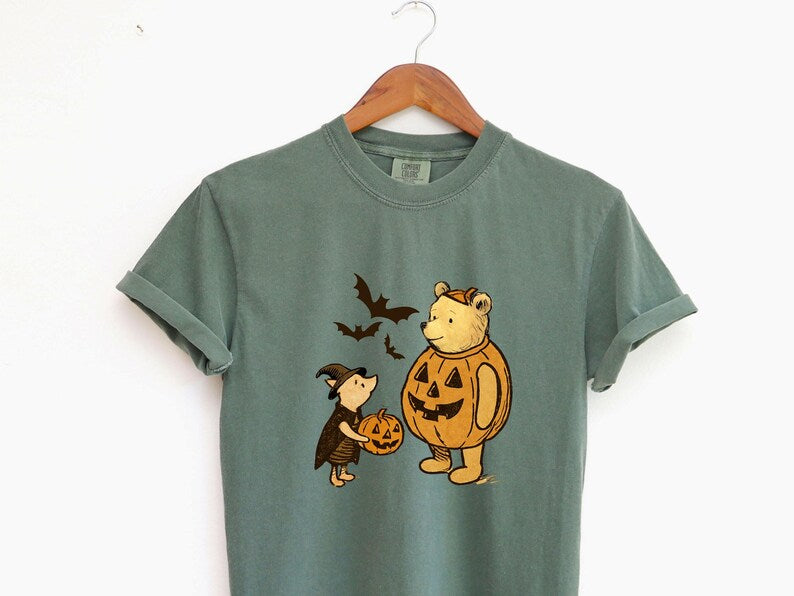 Classic Winnie the Pooh and Piglet Halloween Shirt, Cute Fall Shirt, Vintage Pooh and Piglet Fall Shirt, Cute Pooh in Pumpkin Costume Shirt
