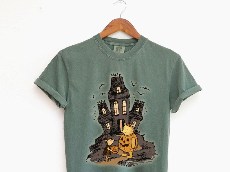 Vintage Winnie the Pooh and Piglet Halloween Shirt, Cute Fall Shirt, Classic Pooh and Piglet Shirt, Cute Pumpkin & Ghost Haunted house Shirt