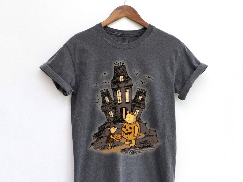 Vintage Winnie the Pooh and Piglet Halloween Shirt, Cute Fall Shirt, Classic Pooh and Piglet Shirt, Cute Pumpkin & Ghost Haunted house Shirt