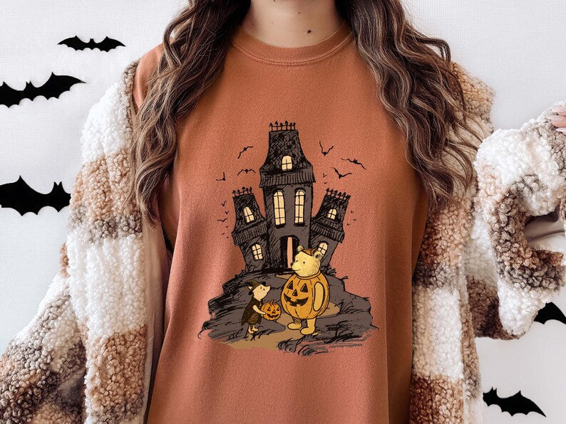Vintage Winnie the Pooh and Piglet Halloween Shirt, Cute Fall Shirt, Classic Pooh and Piglet Shirt, Cute Pumpkin & Ghost Haunted house Shirt