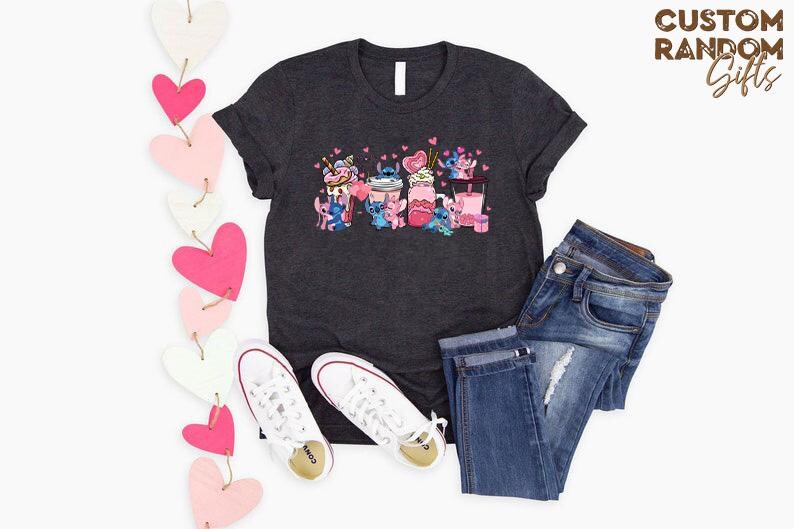 Stitch and Angel valentine shirt, cute milkshake graphic tee, kawaii couple gift, matching love t shirt, anniversary gift idea