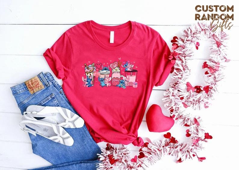Stitch and Angel valentine shirt, cute milkshake graphic tee, kawaii couple gift, matching love t shirt, anniversary gift idea