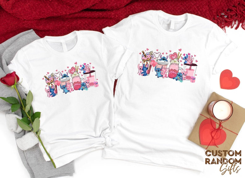 Stitch and Angel valentine shirt, cute milkshake graphic tee, kawaii couple gift, matching love t shirt, anniversary gift idea