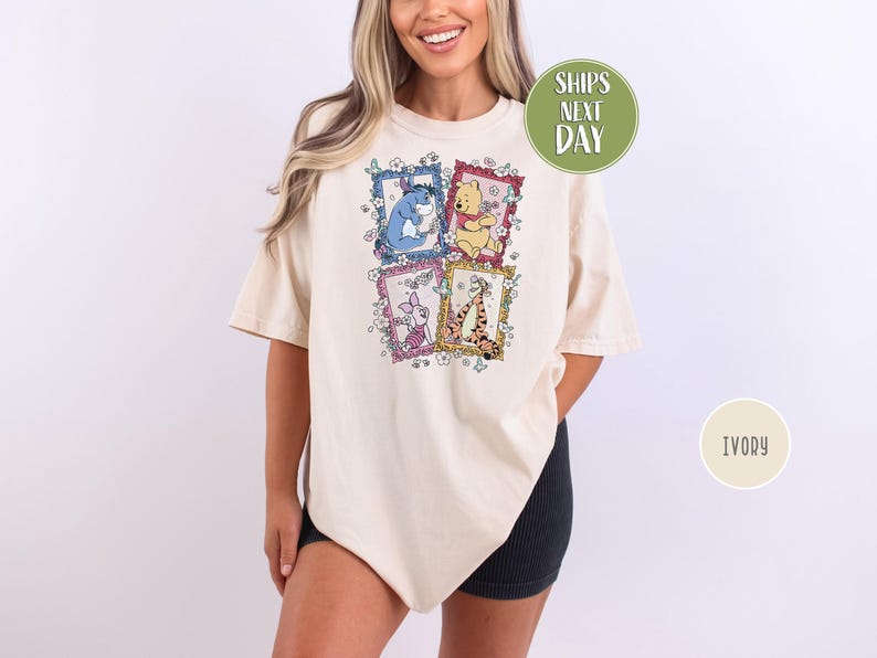 Winnie The Pooh Friends Shirt, Eeyore Piglet Tigger Floral Frame T-Shirt,  Family Trip Tee, Pooh Full Characters Shirt, World Trip Tee-TC031