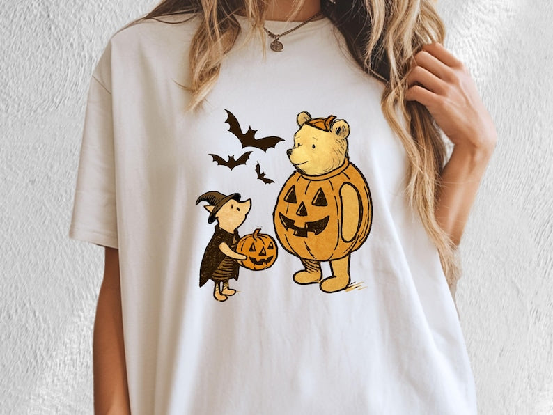 Classic Winnie the Pooh and Piglet Halloween Shirt, Cute Fall Shirt, Vintage Pooh and Piglet Fall Shirt, Cute Pooh in Pumpkin Costume Shirt