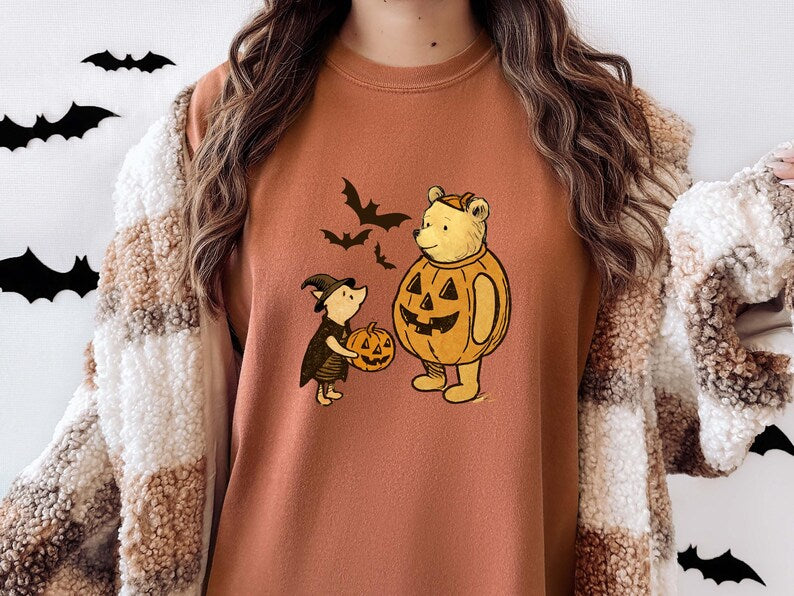 Classic Winnie the Pooh and Piglet Halloween Shirt, Cute Fall Shirt, Vintage Pooh and Piglet Fall Shirt, Cute Pooh in Pumpkin Costume Shirt