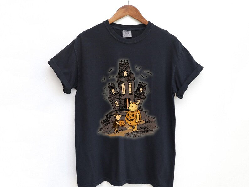 Vintage Winnie the Pooh and Piglet Halloween Shirt, Cute Fall Shirt, Classic Pooh and Piglet Shirt, Cute Pumpkin & Ghost Haunted house Shirt
