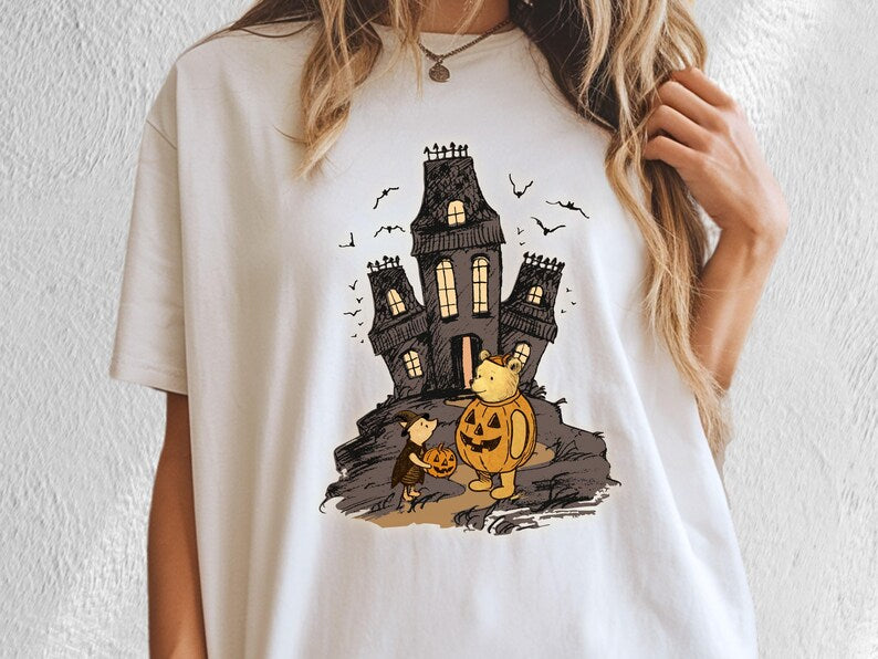 Vintage Winnie the Pooh and Piglet Halloween Shirt, Cute Fall Shirt, Classic Pooh and Piglet Shirt, Cute Pumpkin & Ghost Haunted house Shirt