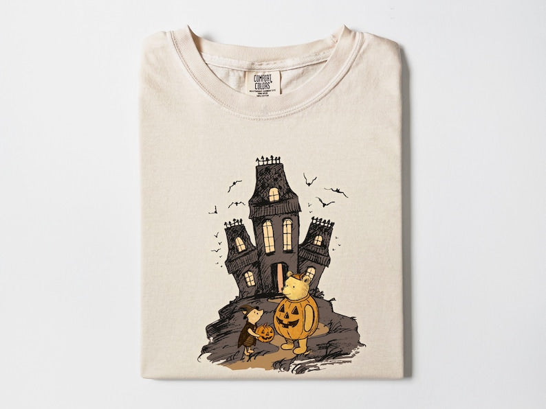 Vintage Winnie the Pooh and Piglet Halloween Shirt, Cute Fall Shirt, Classic Pooh and Piglet Shirt, Cute Pumpkin & Ghost Haunted house Shirt