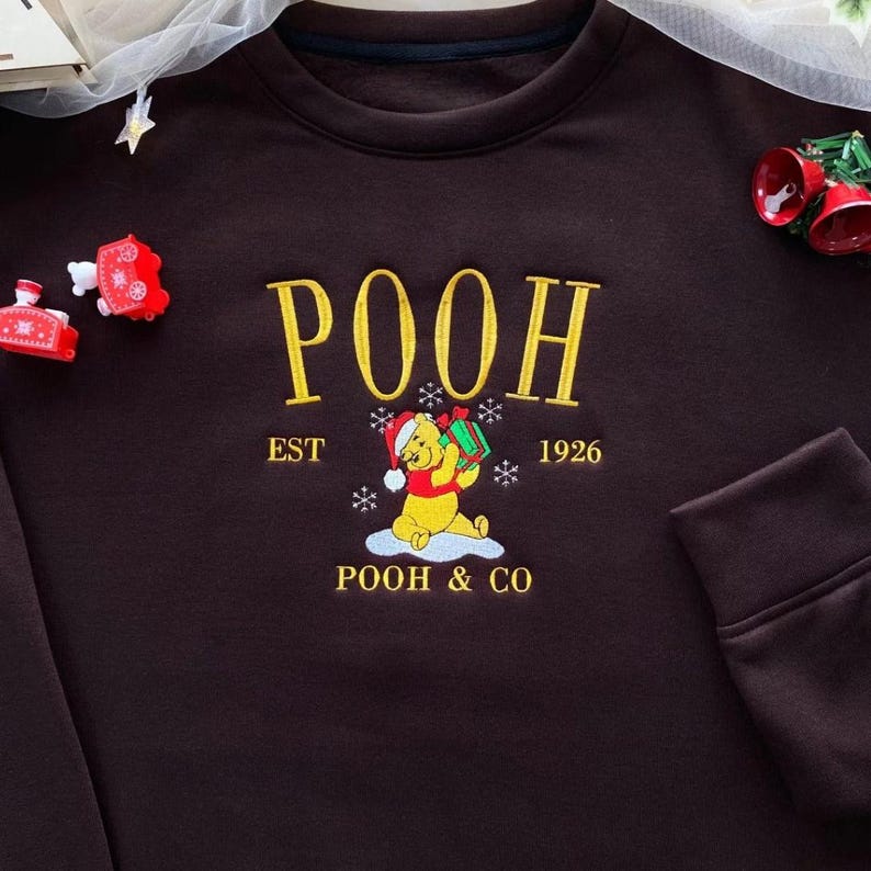 Pooh and Friends Embroidered Crewneck, Winnie the Pooh Characters Christmas Shirt, Disney Christmas Tee, Pooh Eeyore Tigger Piglet Shirt