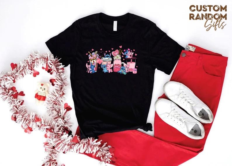 Stitch and Angel valentine shirt, cute milkshake graphic tee, kawaii couple gift, matching love t shirt, anniversary gift idea
