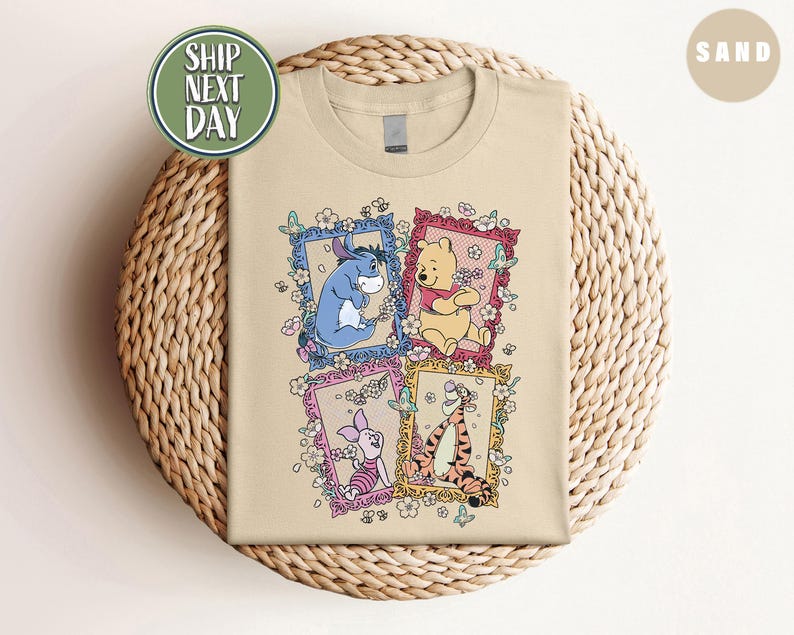 Winnie The Pooh Friends Shirt, Eeyore Piglet Tigger Floral Frame T-Shirt,  Family Trip Tee, Pooh Full Characters Shirt, World Trip Tee-TC031