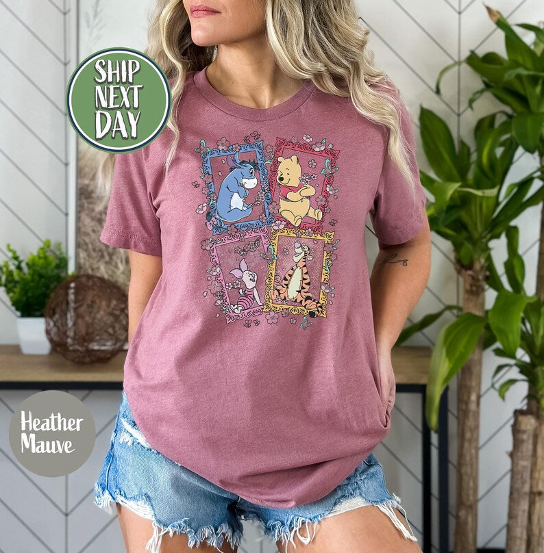 Winnie The Pooh Friends Shirt, Eeyore Piglet Tigger Floral Frame T-Shirt,  Family Trip Tee, Pooh Full Characters Shirt, World Trip Tee-TC031