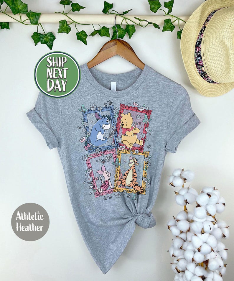 Winnie The Pooh Friends Shirt, Eeyore Piglet Tigger Floral Frame T-Shirt,  Family Trip Tee, Pooh Full Characters Shirt, World Trip Tee-TC031