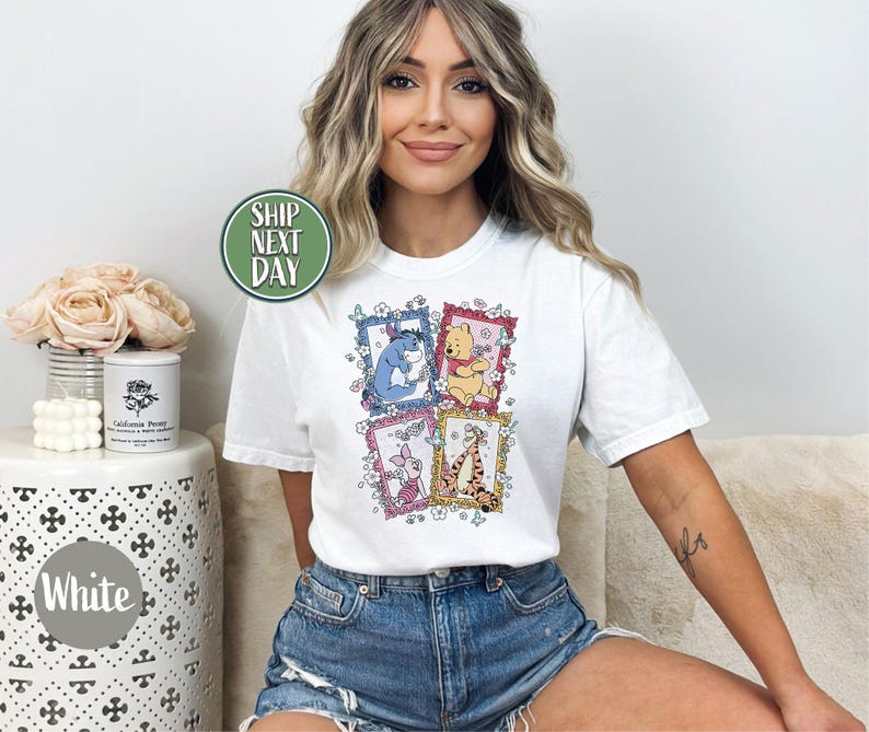 Winnie The Pooh Friends Shirt, Eeyore Piglet Tigger Floral Frame T-Shirt,  Family Trip Tee, Pooh Full Characters Shirt, World Trip Tee-TC031
