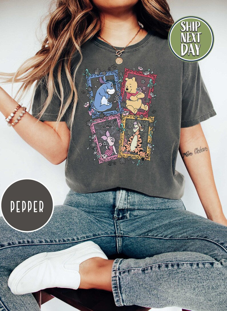 Winnie The Pooh Friends Shirt, Eeyore Piglet Tigger Floral Frame T-Shirt,  Family Trip Tee, Pooh Full Characters Shirt, World Trip Tee-TC031