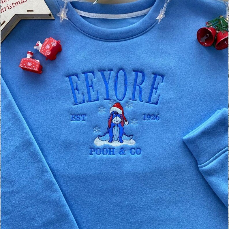 Pooh and Friends Embroidered Crewneck, Winnie the Pooh Characters Christmas Shirt, Disney Christmas Tee, Pooh Eeyore Tigger Piglet Shirt