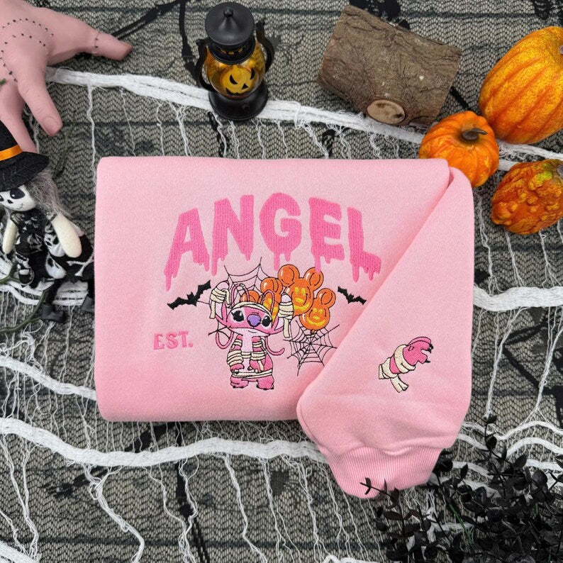 Stitch And Angel Halloween Matching Embroidered T-Shirt, Disney Stitch And Angel Couple Sweatshirt, Disney Couples Embroidery Hoodie