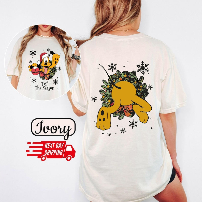 Comfort Colors Retro Pluto Tis' The Season Xmas Shirt: Disney Christmas Cotton Tee