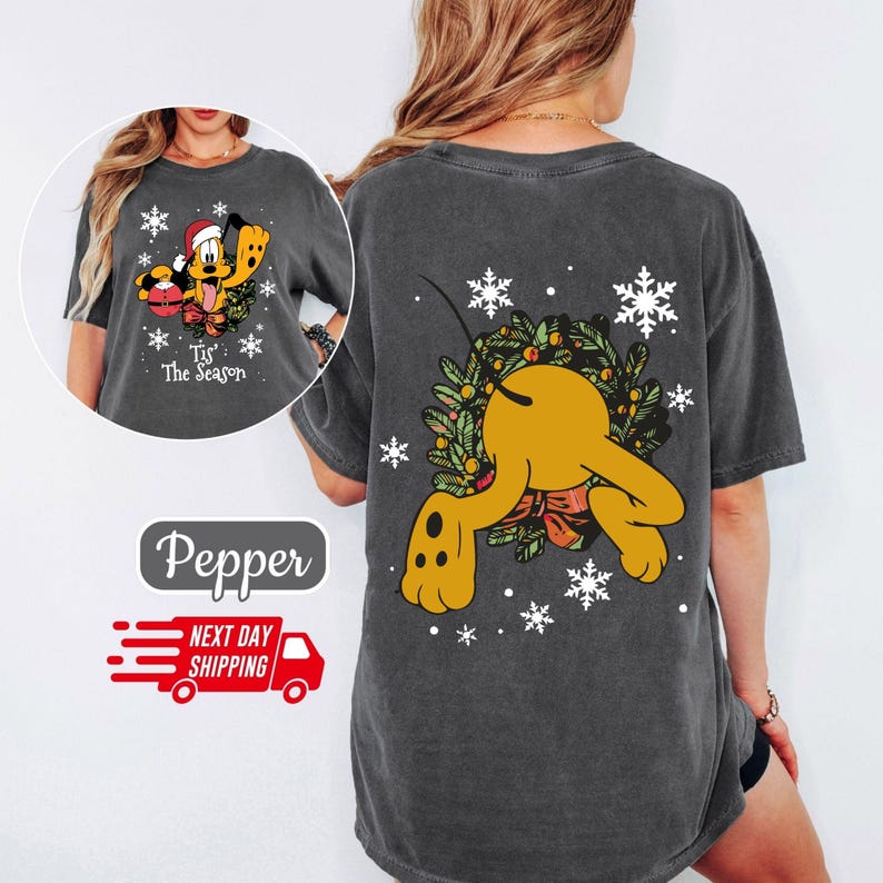 Comfort Colors Retro Pluto Tis' The Season Xmas Shirt: Disney Christmas Cotton Tee