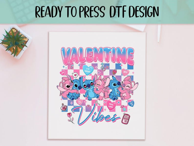 Stitch And Angel Ready to Press DTF, Disney Couple Print, Heat Press DTF Transfer, Blue Monster Print, Valentine's Day DTF, Valentine Vibes