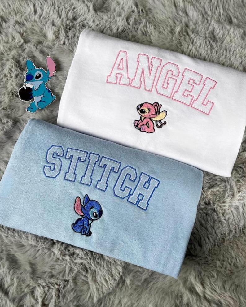 Stitch and Angel Embroidered Sweatshirt, Disney Couple Embroidery Hoodie, Matching Lilo and Stitch Cartoon Shirt, Disney Trip Family Tee