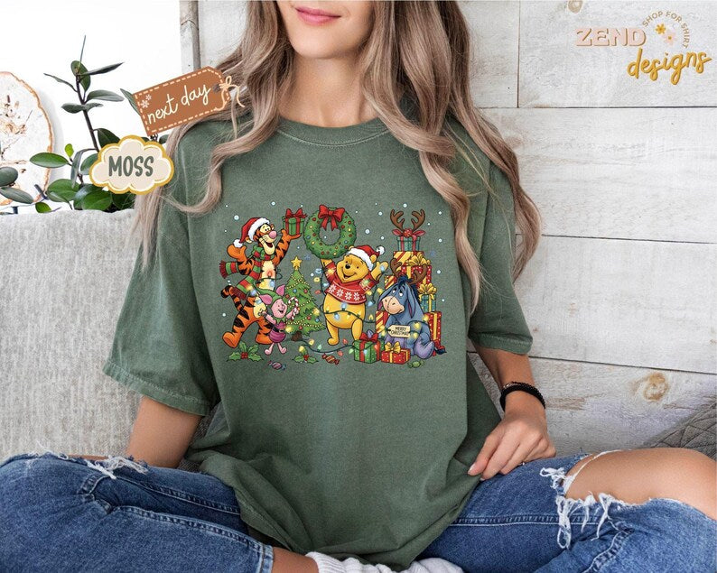 Comfort Colors® Winnie The Pooh Christmas Shirt, Disney Christmas Party Shirt, Tigger and Piglet Christmas Shirt, Merry Christmas Shirt