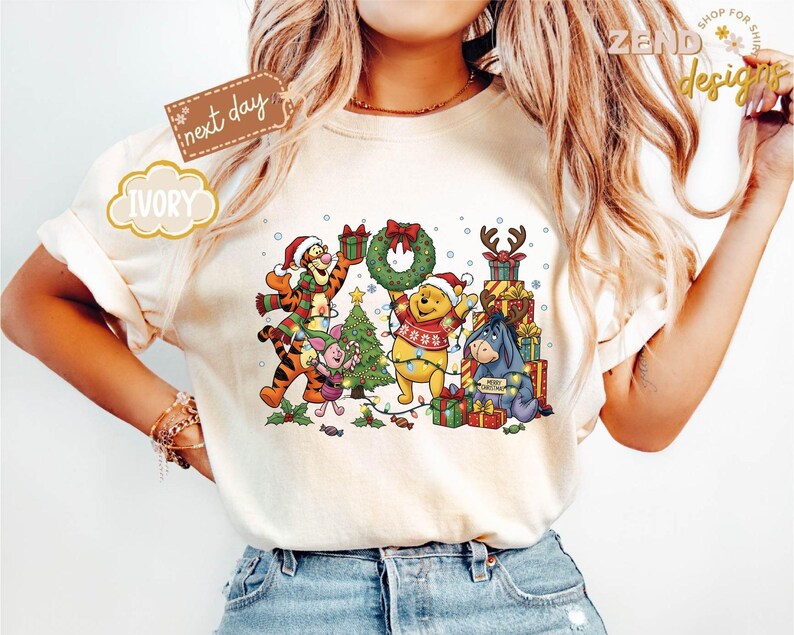 Comfort Colors® Winnie The Pooh Christmas Shirt, Disney Christmas Party Shirt, Tigger and Piglet Christmas Shirt, Merry Christmas Shirt