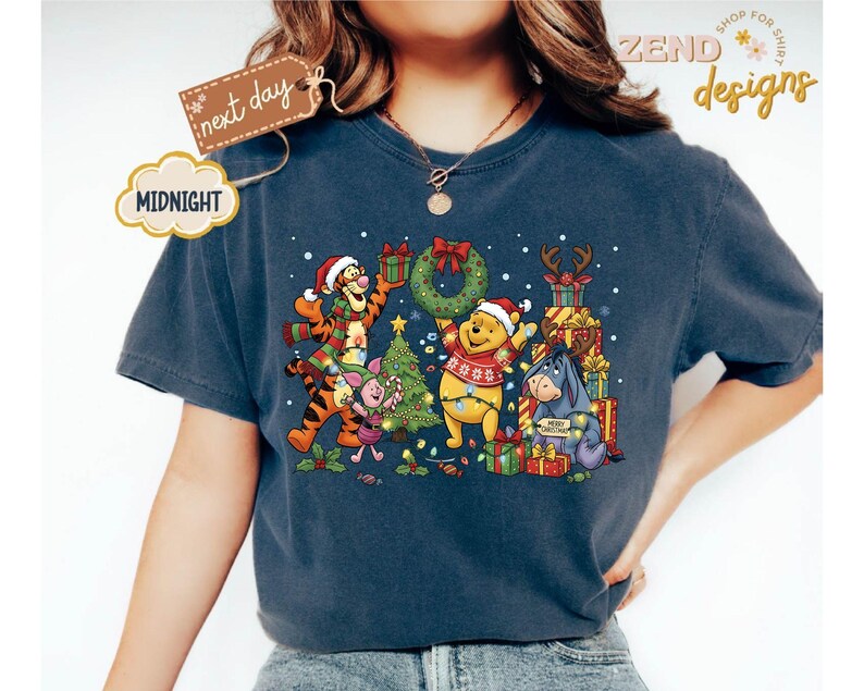 Comfort Colors® Winnie The Pooh Christmas Shirt, Disney Christmas Party Shirt, Tigger and Piglet Christmas Shirt, Merry Christmas Shirt