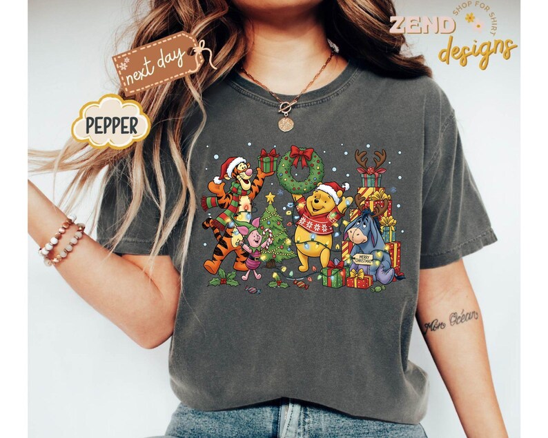 Comfort Colors® Winnie The Pooh Christmas Shirt, Disney Christmas Party Shirt, Tigger and Piglet Christmas Shirt, Merry Christmas Shirt