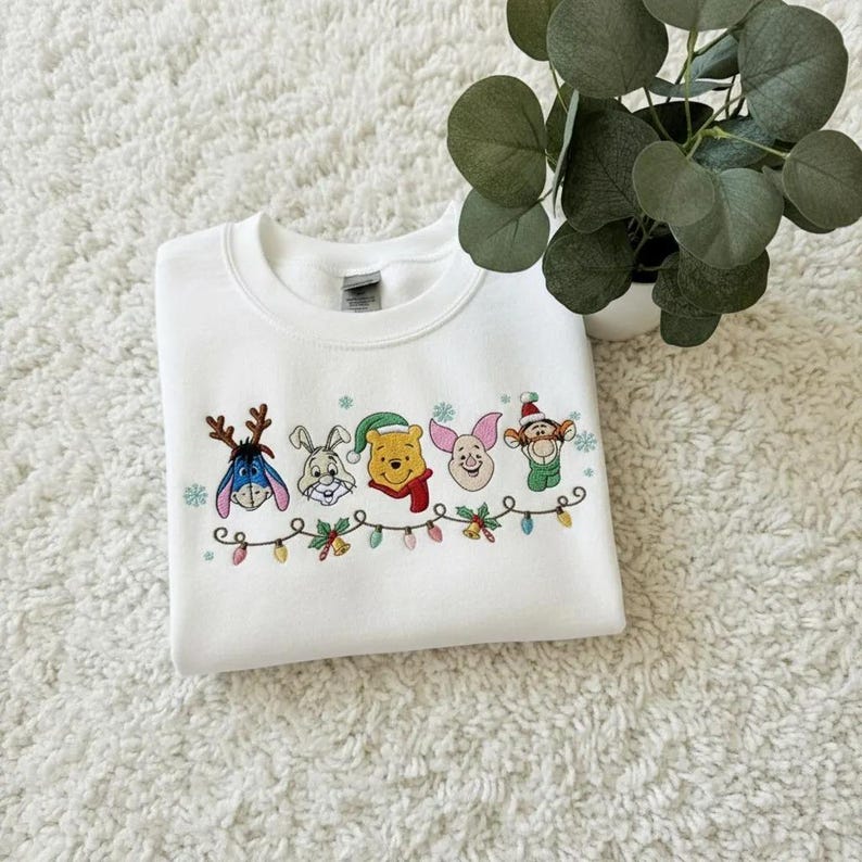 Embroidered Winnie the Pooh Christmas Sweatshirt, Piglet Tigger Eeyore Rabbit Holiday Sweater, Disney Family Xmas Lights Crewneck