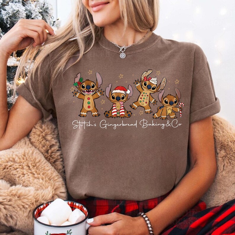 Comfort Colors® Stitch Gingerbread Christmas Shirt, Disney Holiday Baking T-Shirt, Angel and Stitch Baking Co Tee, Gingerbread Cookies Shirt