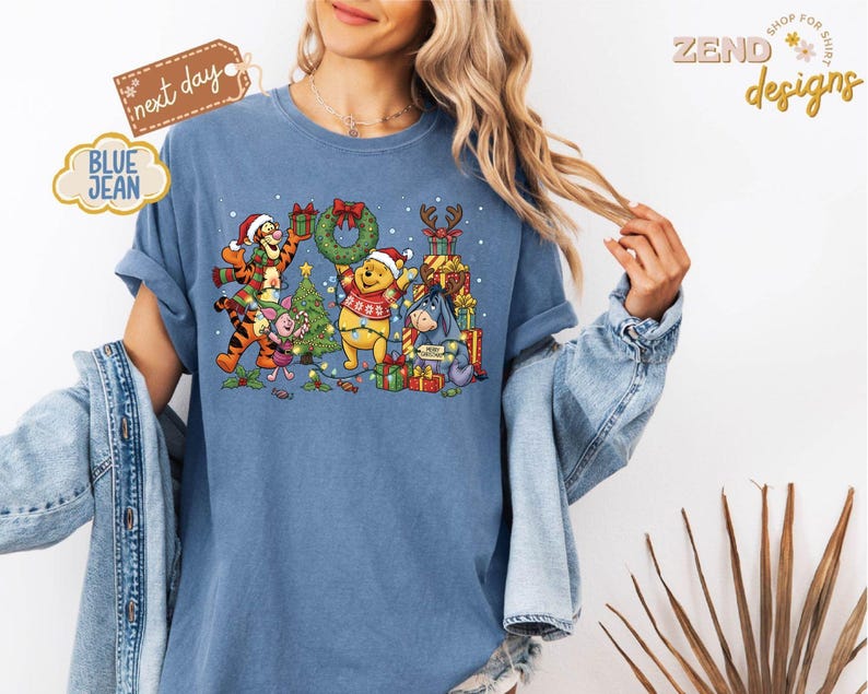 Comfort Colors® Winnie The Pooh Christmas Shirt, Disney Christmas Party Shirt, Tigger and Piglet Christmas Shirt, Merry Christmas Shirt