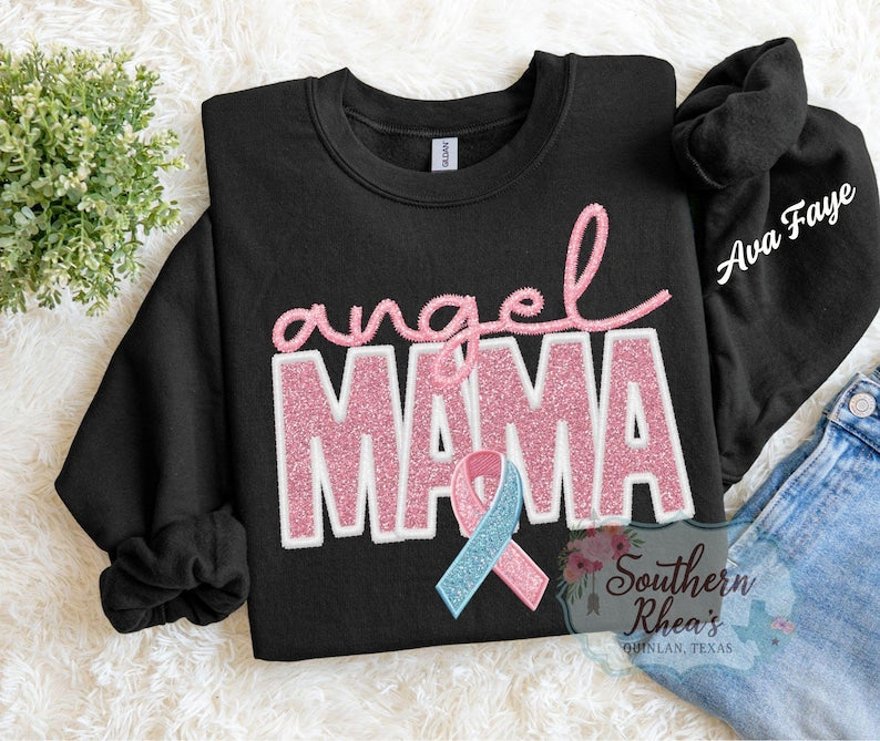 Angel Mama Personlized Sweater, Pregnancy Loss Awareness Sweatshirt, Custom Mom Gift, Faux Embroidery DTF