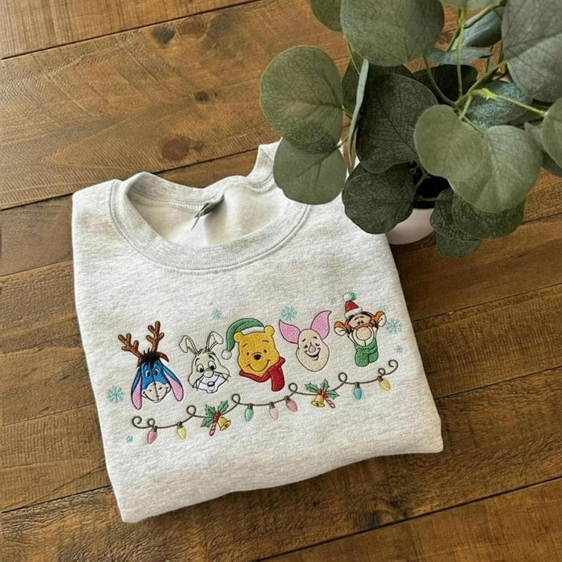 Embroidered Winnie the Pooh Christmas Sweatshirt, Piglet Tigger Eeyore Rabbit Holiday Sweater, Disney Family Xmas Lights Crewneck