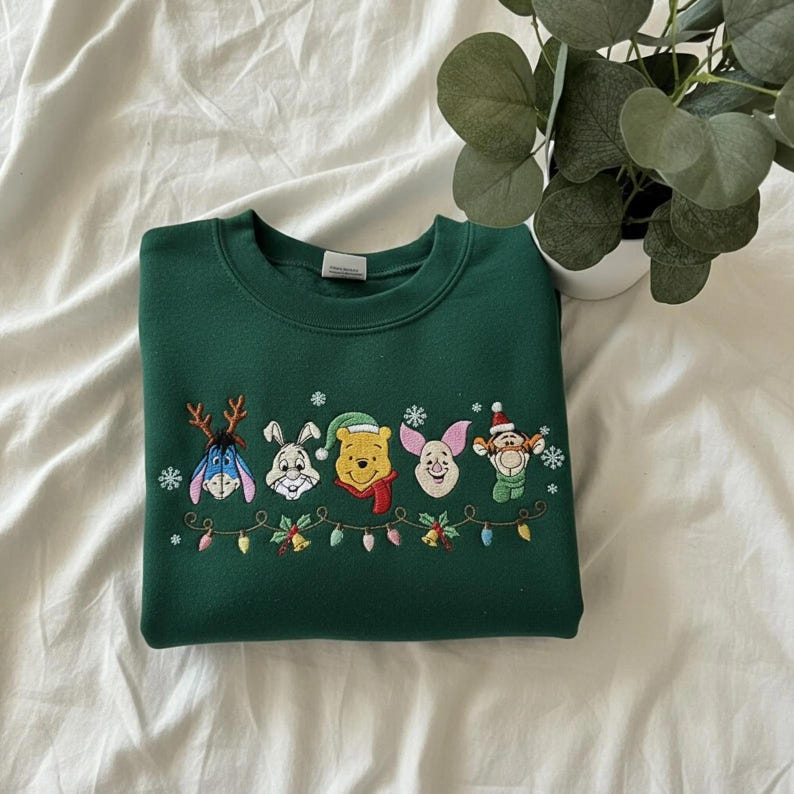 Embroidered Winnie the Pooh Christmas Sweatshirt, Piglet Tigger Eeyore Rabbit Holiday Sweater, Disney Family Xmas Lights Crewneck
